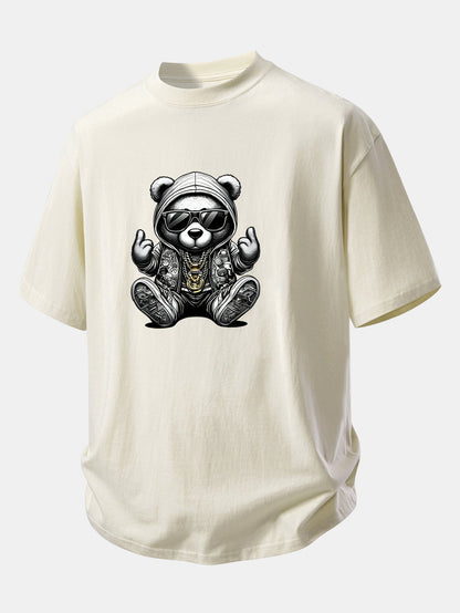 Relax Fit Hip Hop Bear Print Cotton T-Shirt