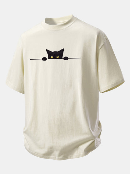 Relax Fit Black Cat Print Cotton T-Shirt