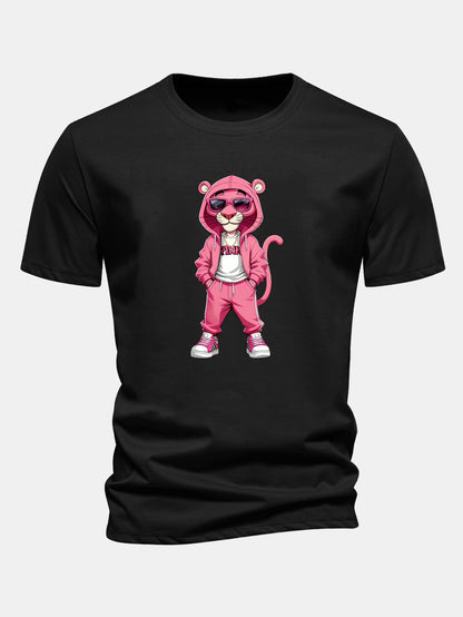 Regular Fit Street Fashion Pink Panther Print Cotton T-Shirt
