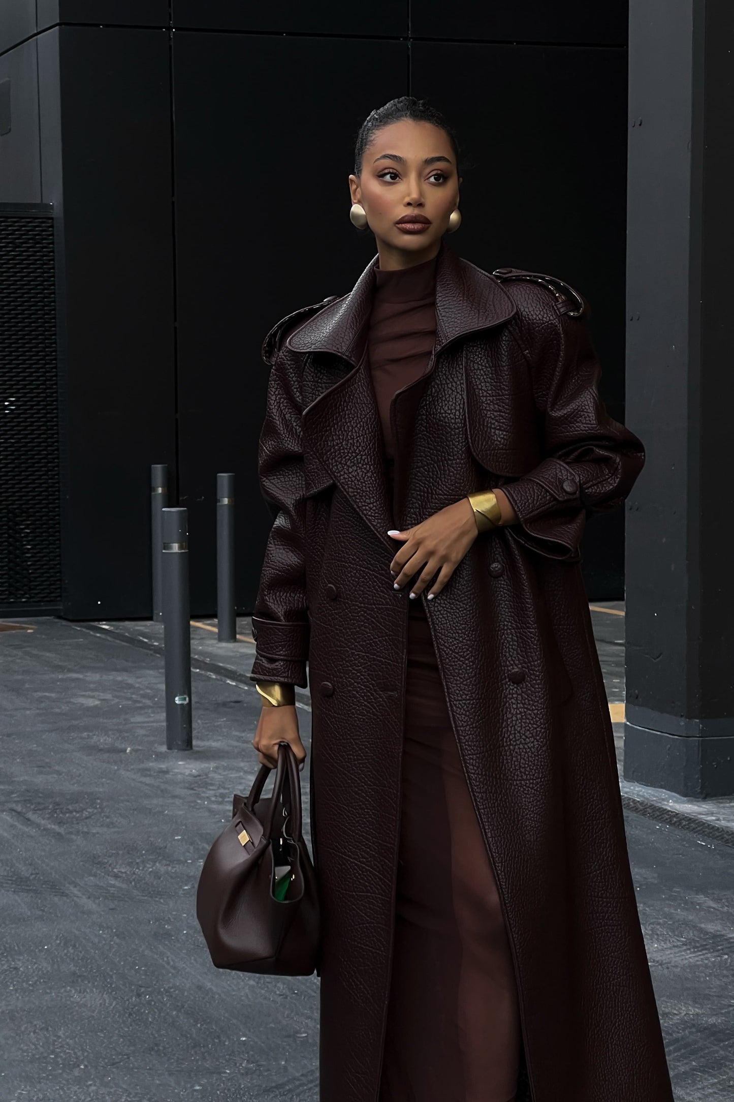 Dark Brown Textured Trench Coat
