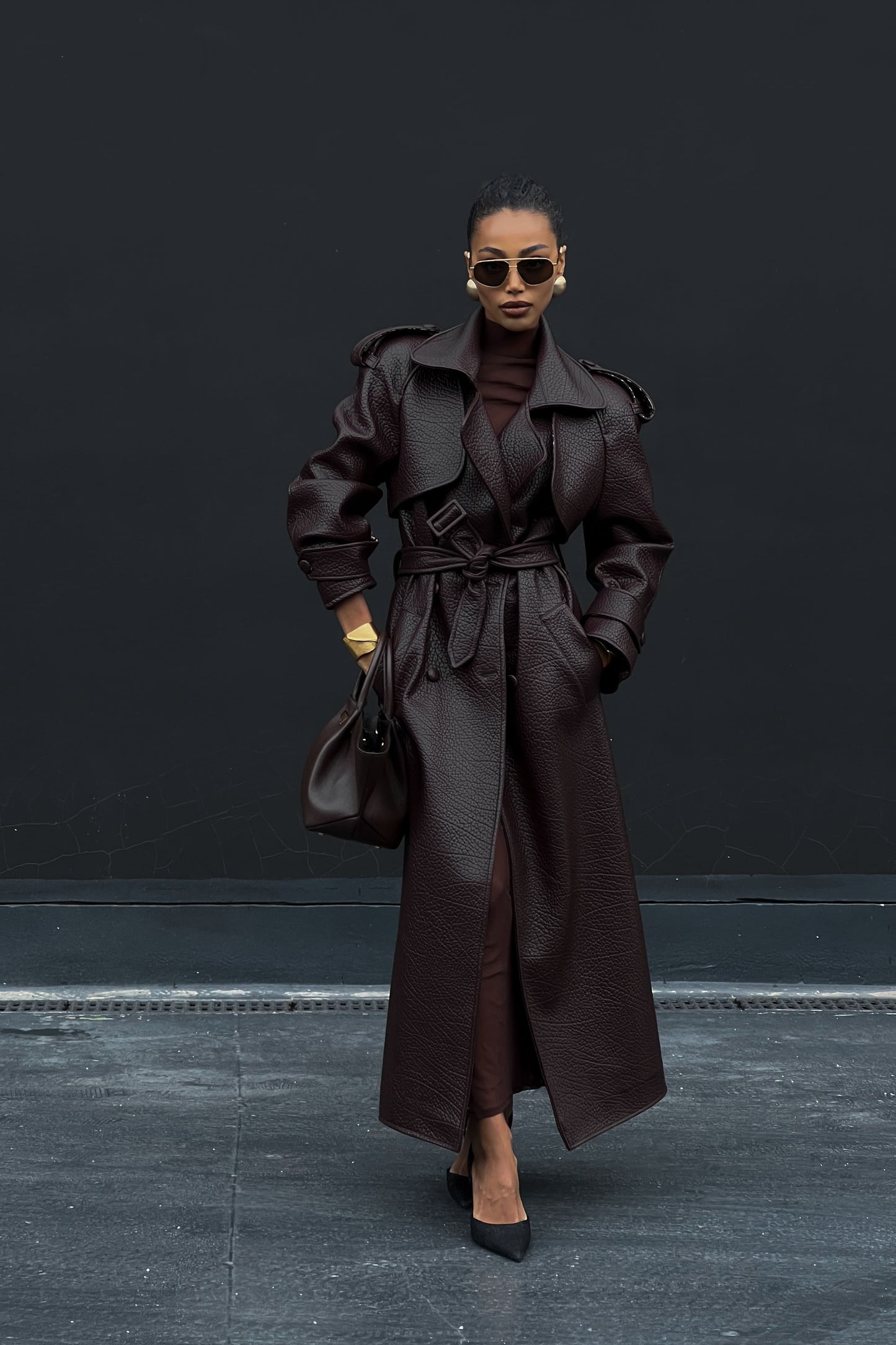 Dark Brown Textured Trench Coat