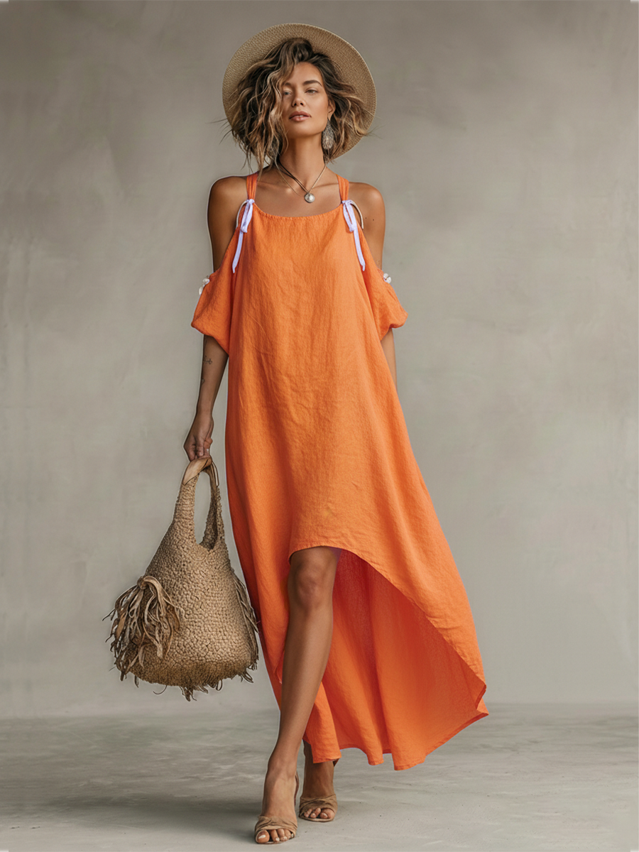 Tangerine Linen Cold-Shoulder High-Low Hem Boho Dress