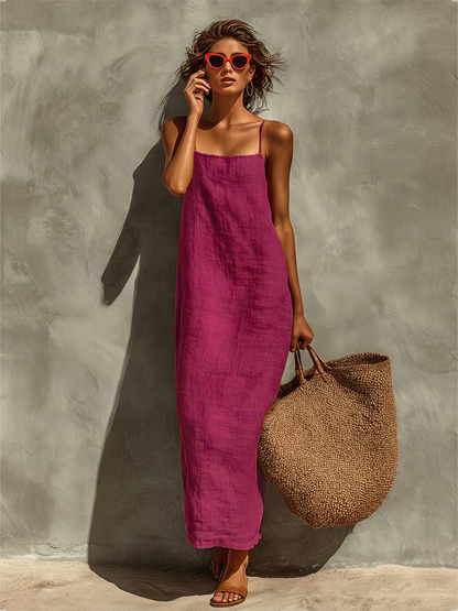 Red Cotton Spaghetti Strap Square Neck Dress
