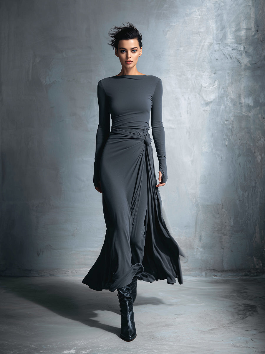 Gray Stretch Fabric Knotted Wrap Maxi Dress