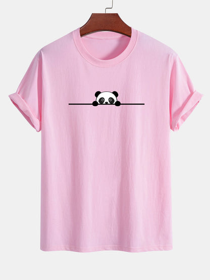 Regular Fit Peeking Panda Print Cotton T-Shirt