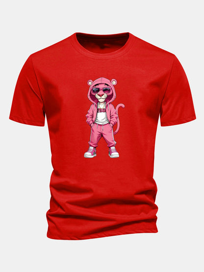 Regular Fit Street Fashion Pink Panther Print Cotton T-Shirt