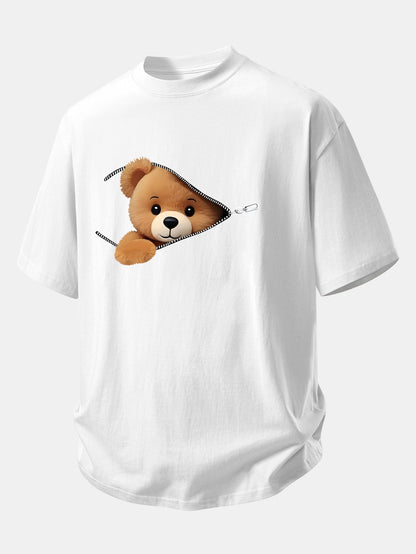 Relax Fit Zipper Bear Print Cotton T-Shirt