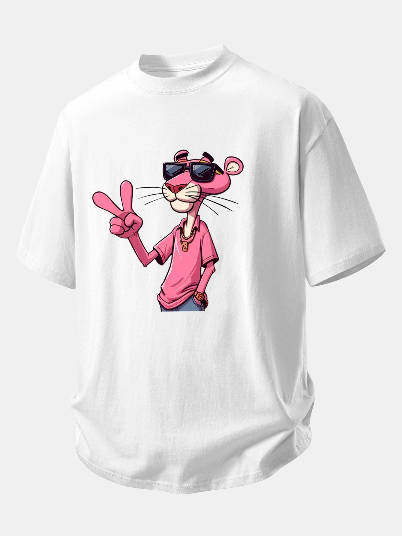 Relax Fit Pink Panther With V Sign Print Cotton T-Shirt