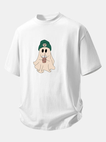 Relax Fit Darkgreen Hat Ghost Print Cotton T-Shirt