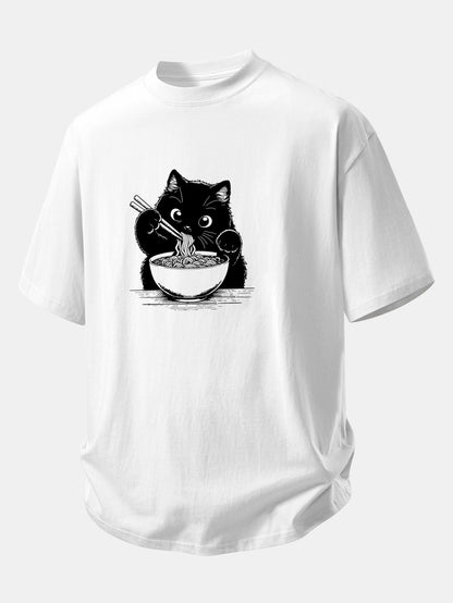 Relax Fit Black Cat Ramen Print Cotton T-Shirt