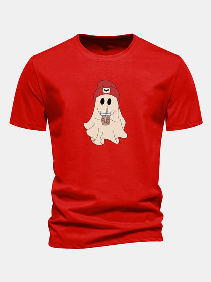 Regular Fit Red Hat Ghost Print Cotton T-Shirt