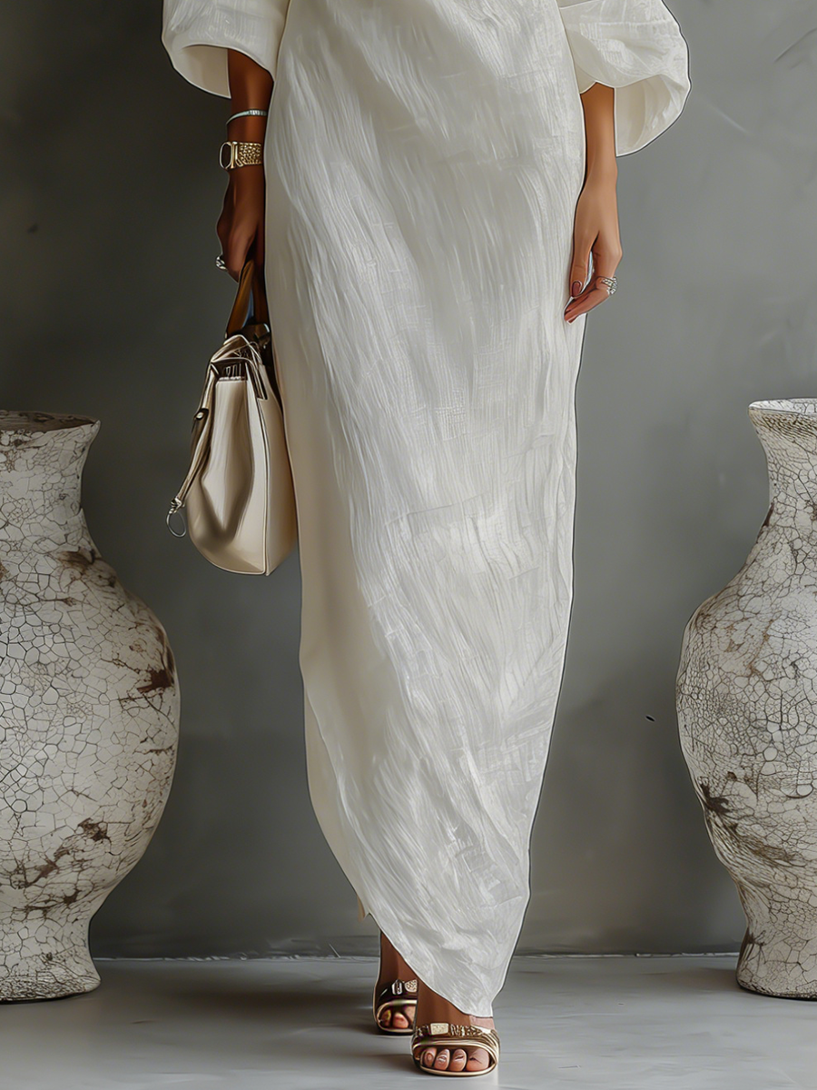 Ivory Cotton-Linen One-Shoulder Flowing Dress