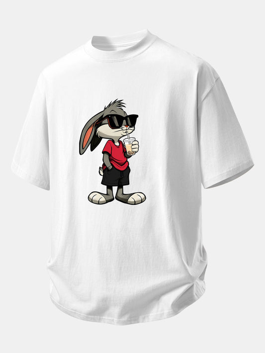 Relax Fit Cartoon Rabbit Print Cotton T-Shirt