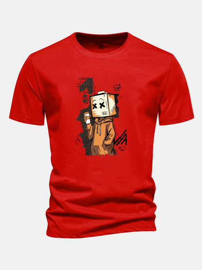 Regular Fit Cartoon Box Head Print Cotton T-Shirt