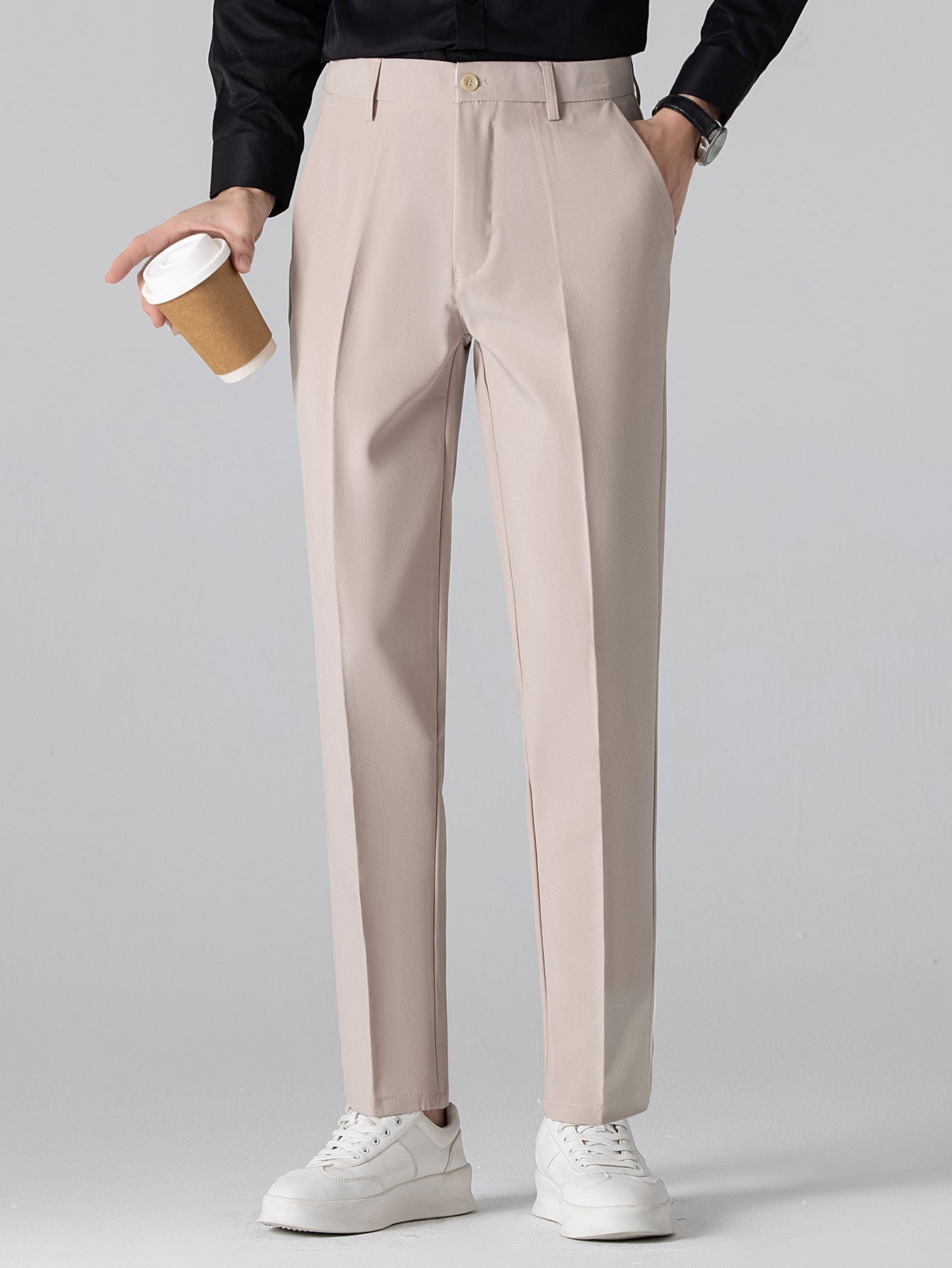 Short Sleeve Linen Look Stand Collar Shirt & Slim Fit Tapered Trousers