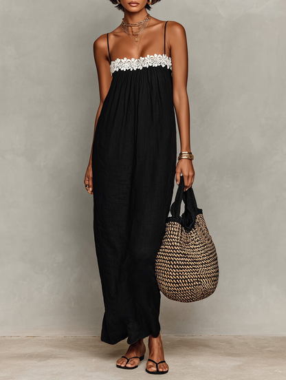 Linen Blend Lace Panel Spaghetti Strap Maxi Dress