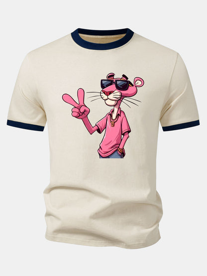 Pink Panther With V Sign Print Contrast Ringer T-Shirt