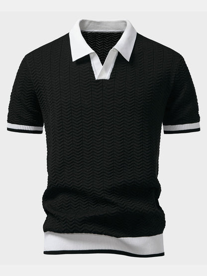 Texture Contrast Knitted V Neck Polo Shirt & Elastic Waist Chino Shorts