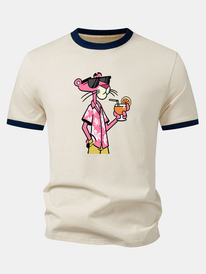 Vacation Pink Panther Print Contrast Ringer T-Shirt