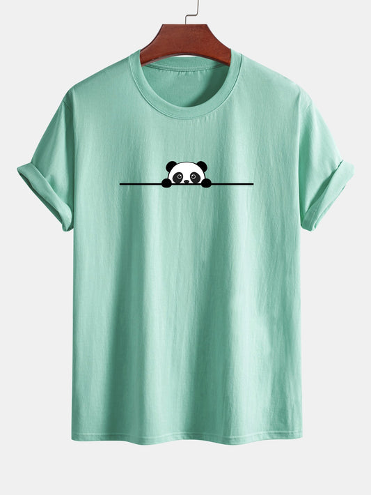 Regular Fit Peeking Panda Print Cotton T-Shirt