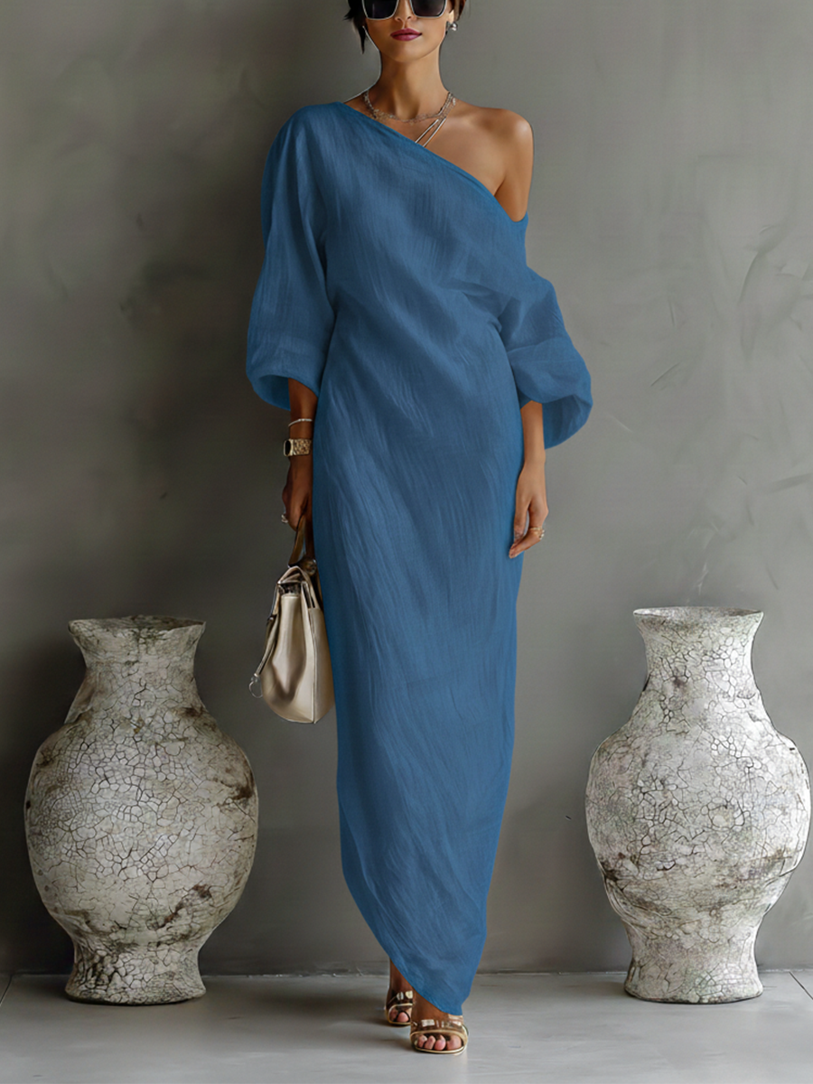 Ivory Cotton-Linen One-Shoulder Flowing Dress