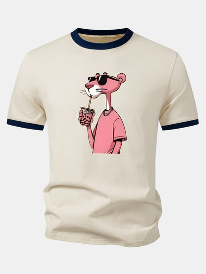 Pink Panther Print Contrast Ringer T-Shirt