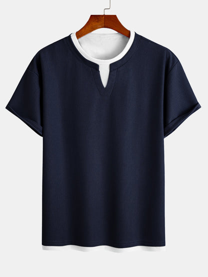 Relax Fit 2 In 1 Notched Collar Waffle T-Shirt