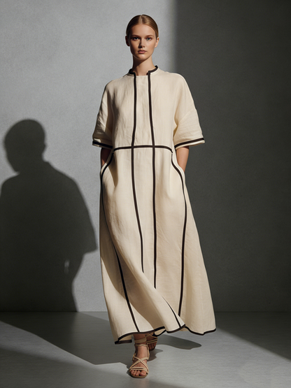 Beige Linen Blend Stand-Collar Contrast-Line Pocketed Maxi Dress