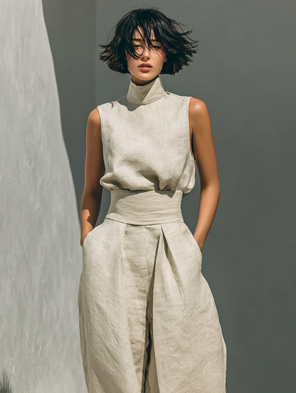 Cotton-Linen Sleeveless Blouse & Wide-Leg Pants Set