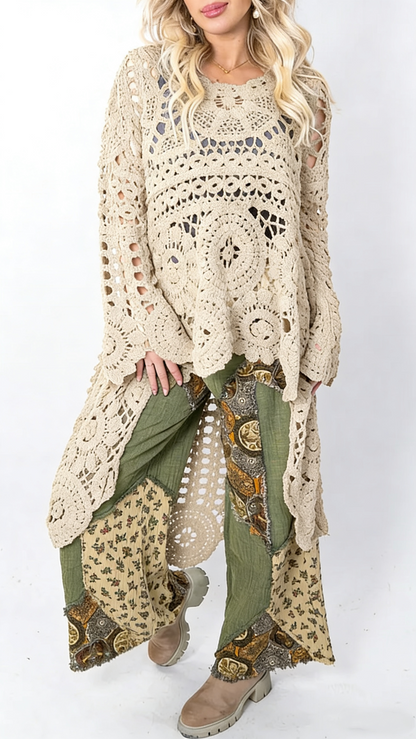 Top casual lungo da donna con scollo rotondo e dettagli traforati