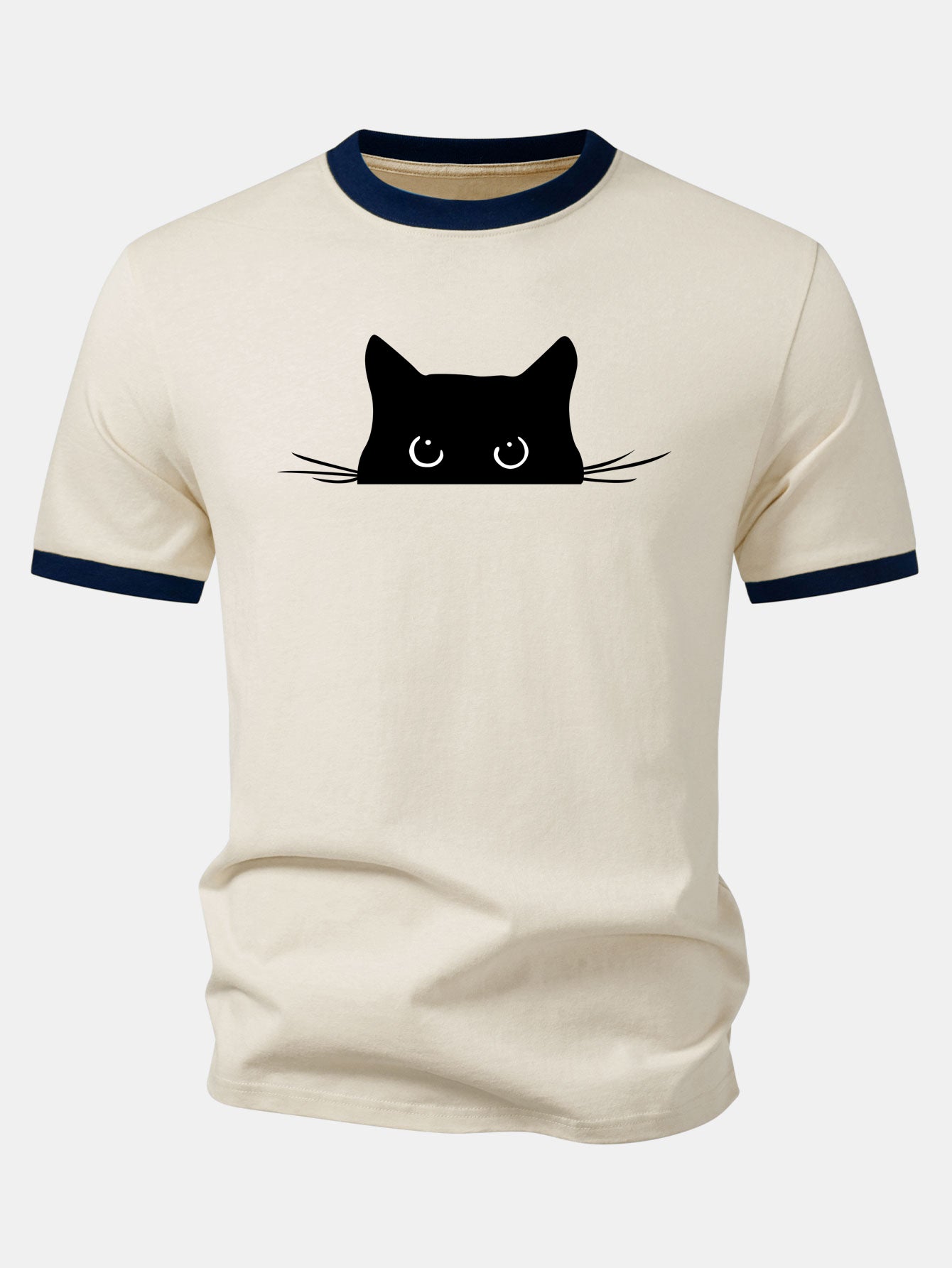 Black Cat Print Contrast Ringer T-Shirt