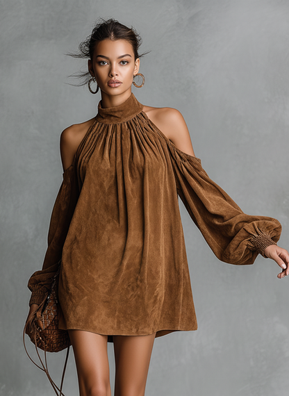 Faux Suede Halter Neck Lantern Sleeve Mini Dress