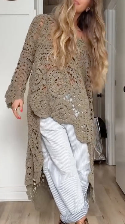 Top casual lungo da donna con scollo rotondo e dettagli traforati