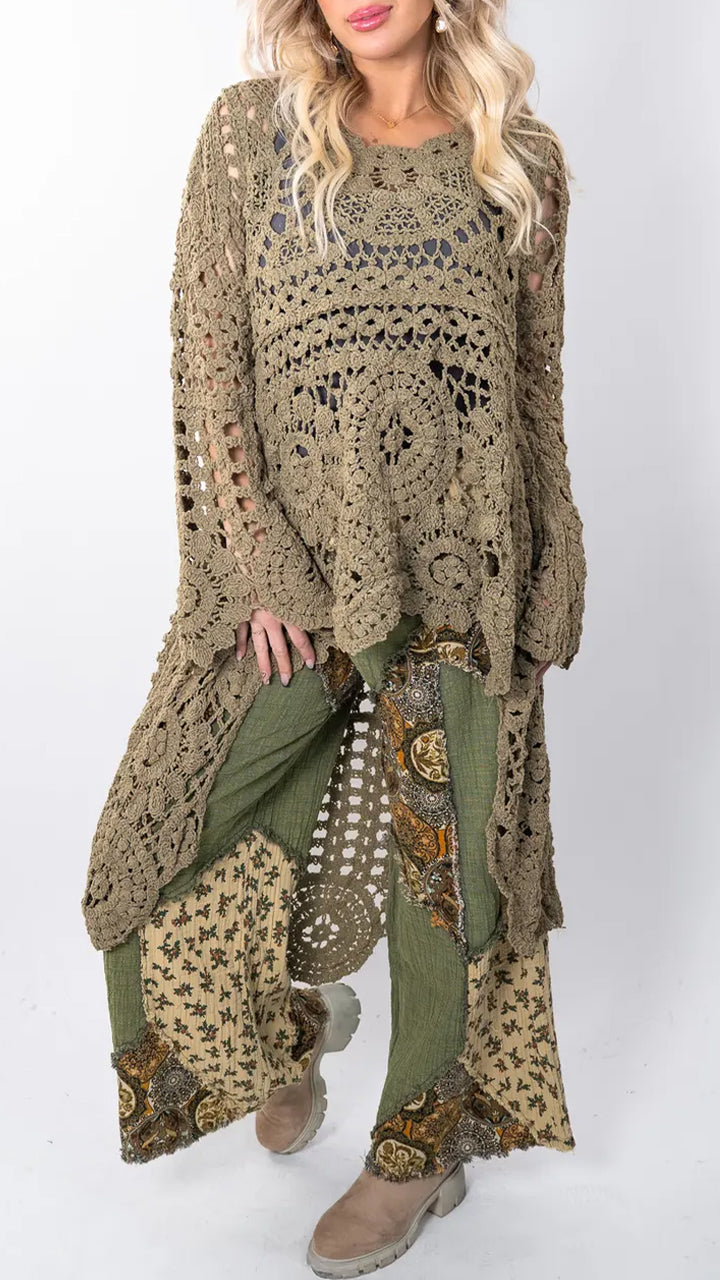 Top casual lungo da donna con scollo rotondo e dettagli traforati