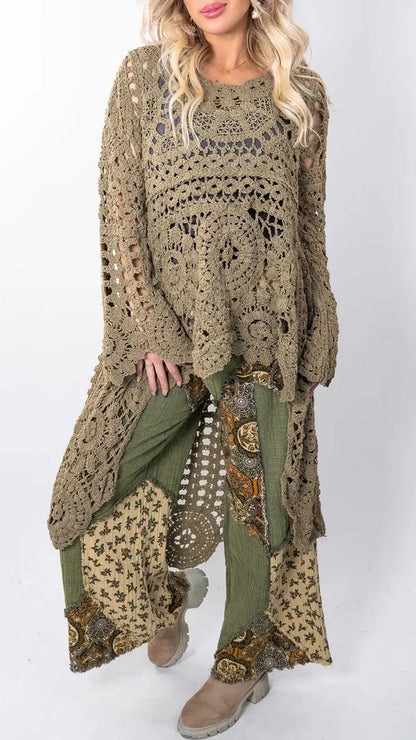 Top casual lungo da donna con scollo rotondo e dettagli traforati