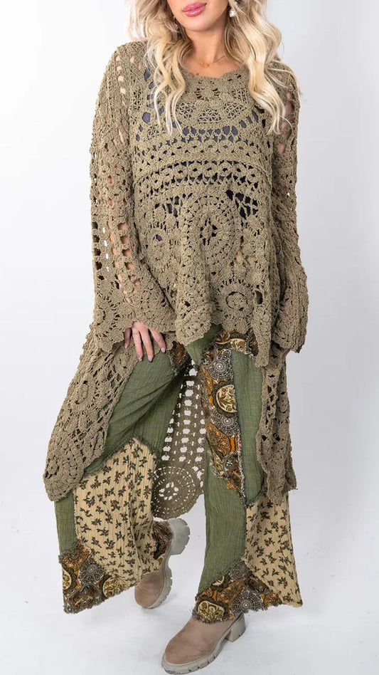 Top casual lungo da donna con scollo rotondo e dettagli traforati
