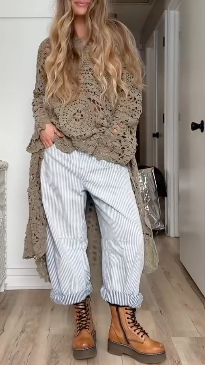 Top casual lungo da donna con scollo rotondo e dettagli traforati