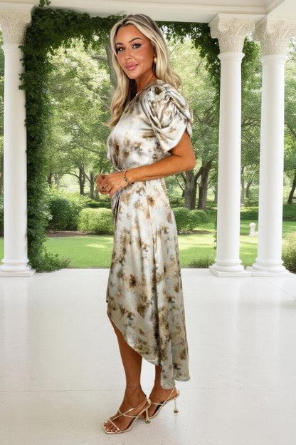 Multi Smudge Print Puff Sleeve Gathered Side Midi Dress