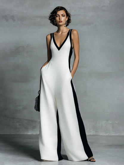Black & White Cotton-Linen Colour Block Strap Jumpsuit