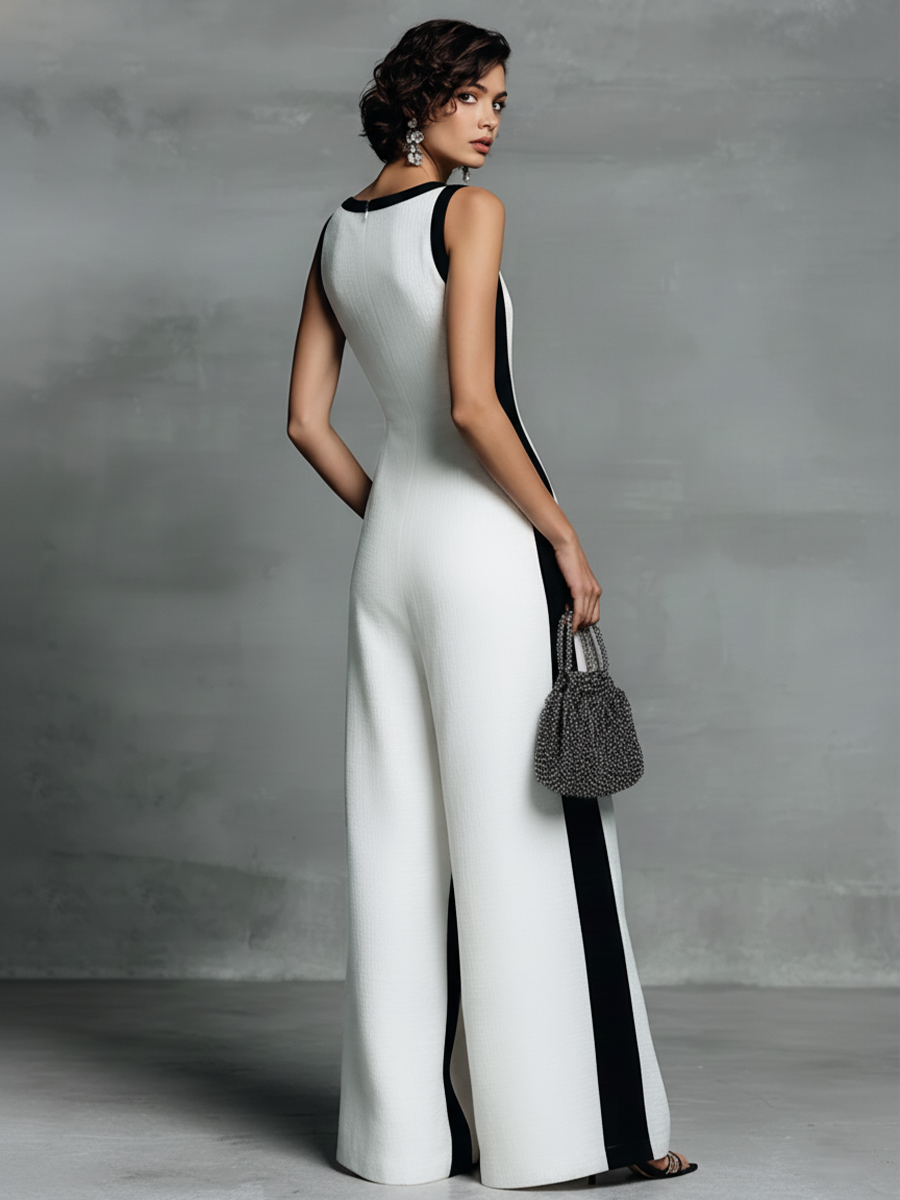 Black & White Cotton-Linen Colour Block Strap Jumpsuit