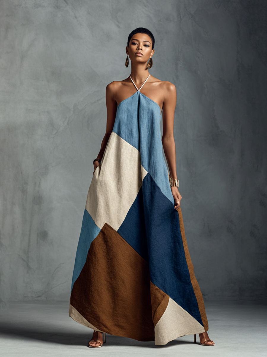 Boho Patchwork Cotton-Linen Halter Maxi Dress