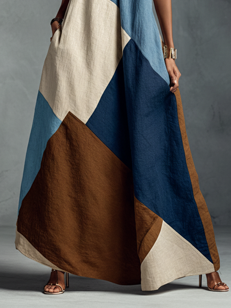 Boho Patchwork Cotton-Linen Halter Maxi Dress