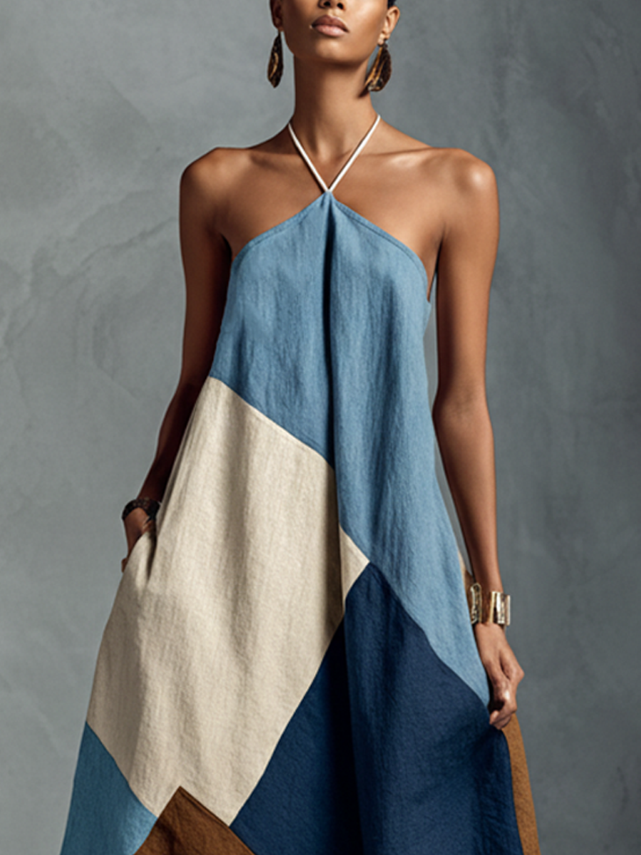 Boho Patchwork Cotton-Linen Halter Maxi Dress