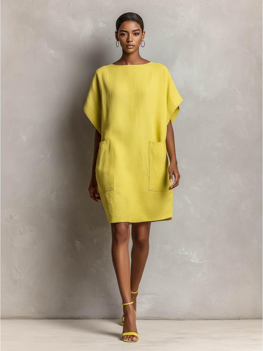 Linen Batwing Sleeve Patch Pocket Shift Dress