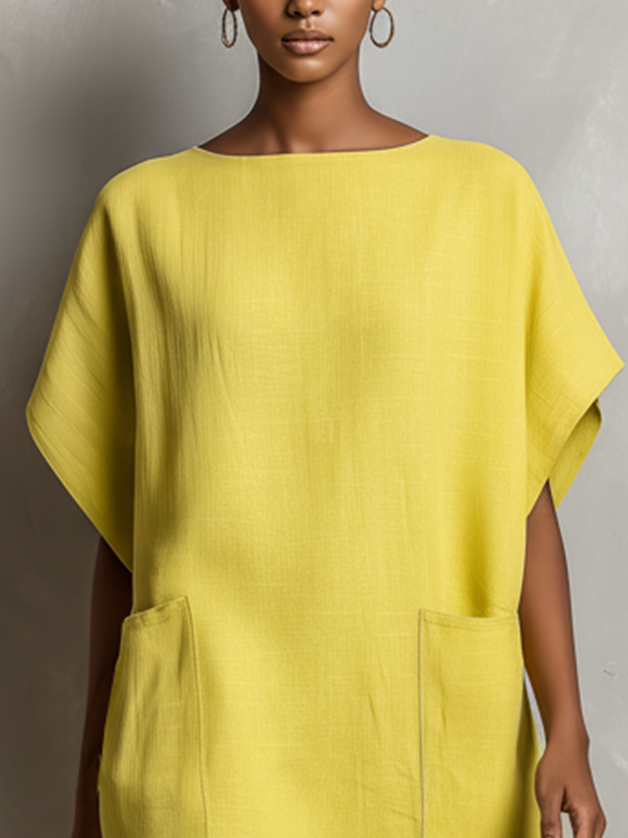 Linen Batwing Sleeve Patch Pocket Shift Dress