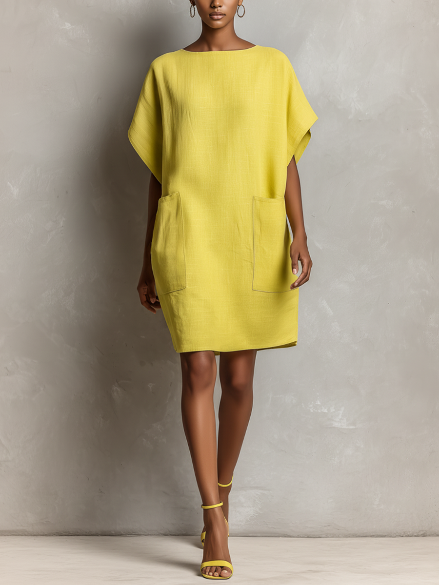 Linen Batwing Sleeve Patch Pocket Shift Dress