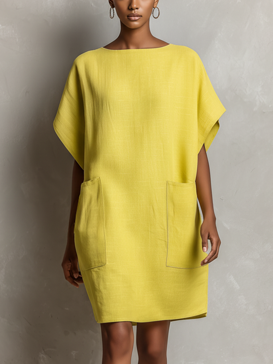 Linen Batwing Sleeve Patch Pocket Shift Dress
