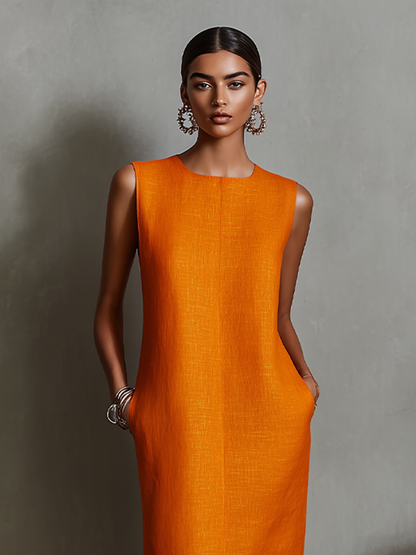Linen Sleeveless Round Neck Shift Dress