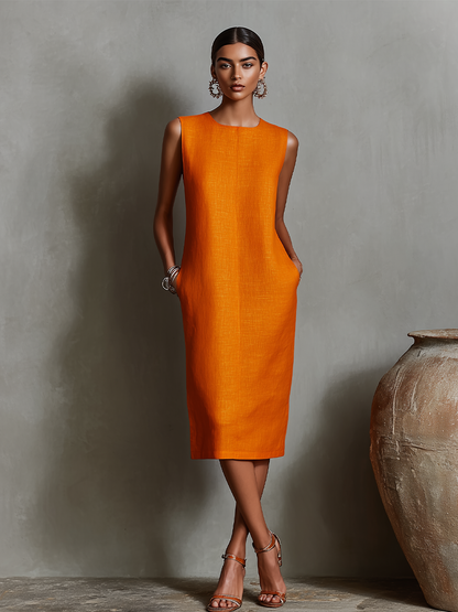 Linen Sleeveless Round Neck Shift Dress