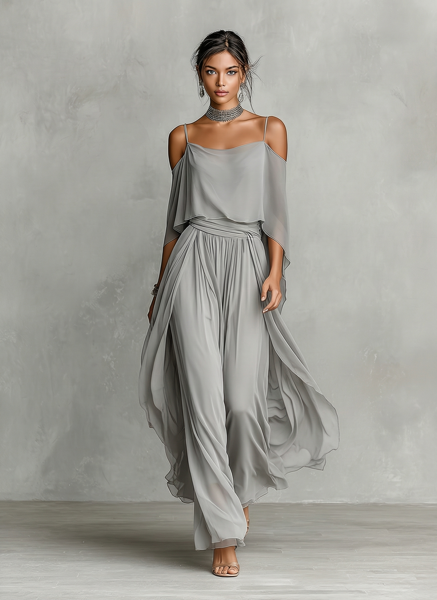 Grey Chiffon Cold-Shoulder Flared Co-ord Set